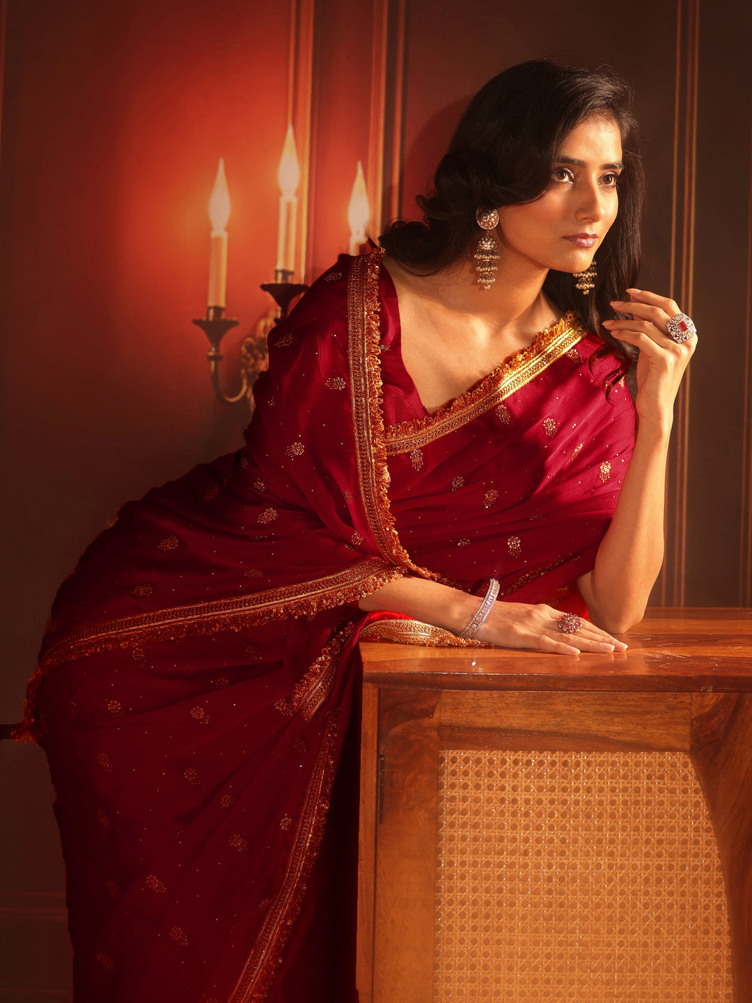Libas Ruby Red Embellished Chinon Saree