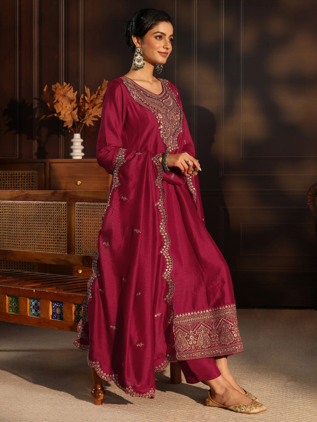 Libas Ruby Red Embroidered Silk Blend Anarkali Suit Set