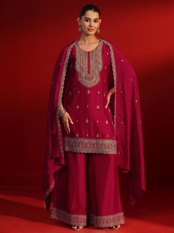 Libas Ruby Red Ethnic Embroidered Chinon Palazzo Suit Set