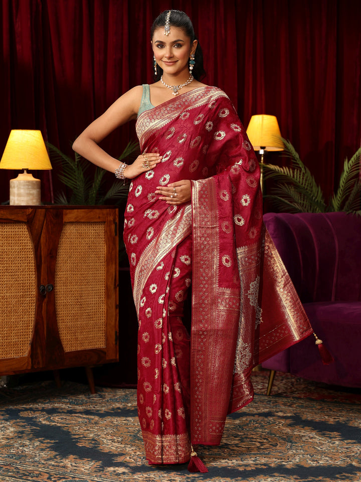 Libas Ruby Red Floral Woven Design Satin Saree with Stone Work