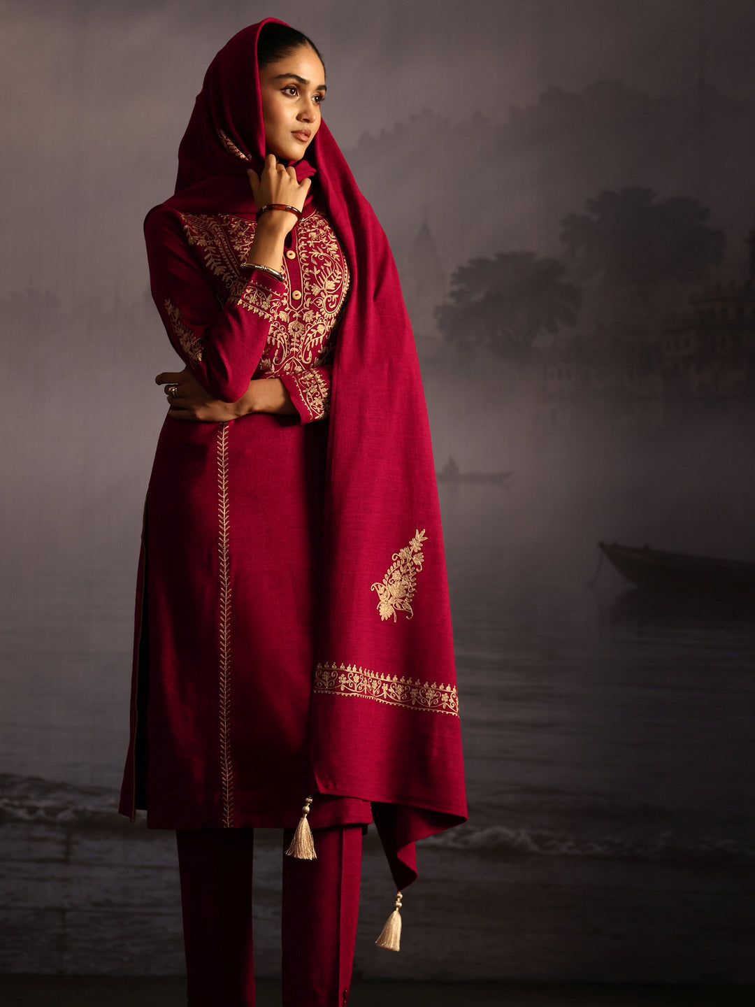 Libas Ruby Red Kashmiri Style Embroidered Woolen Straight Suit Set