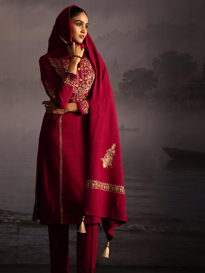 Libas Ruby Red Kashmiri Style Embroidered Woolen Straight Suit Set