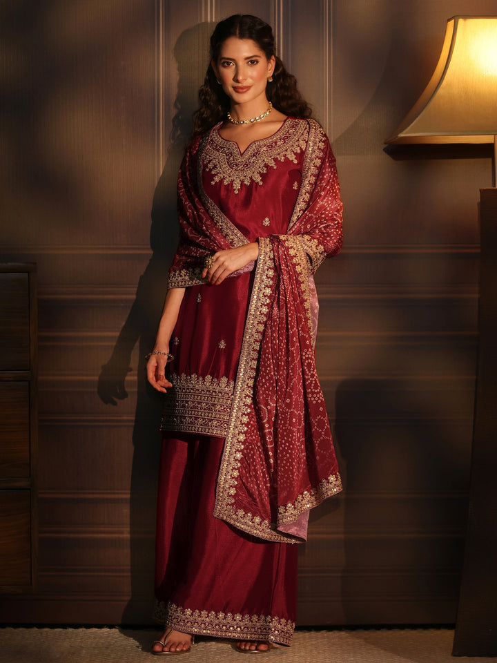 Libas Ruby Red Sequin Embellished Chinon Palazzo Suit Set
