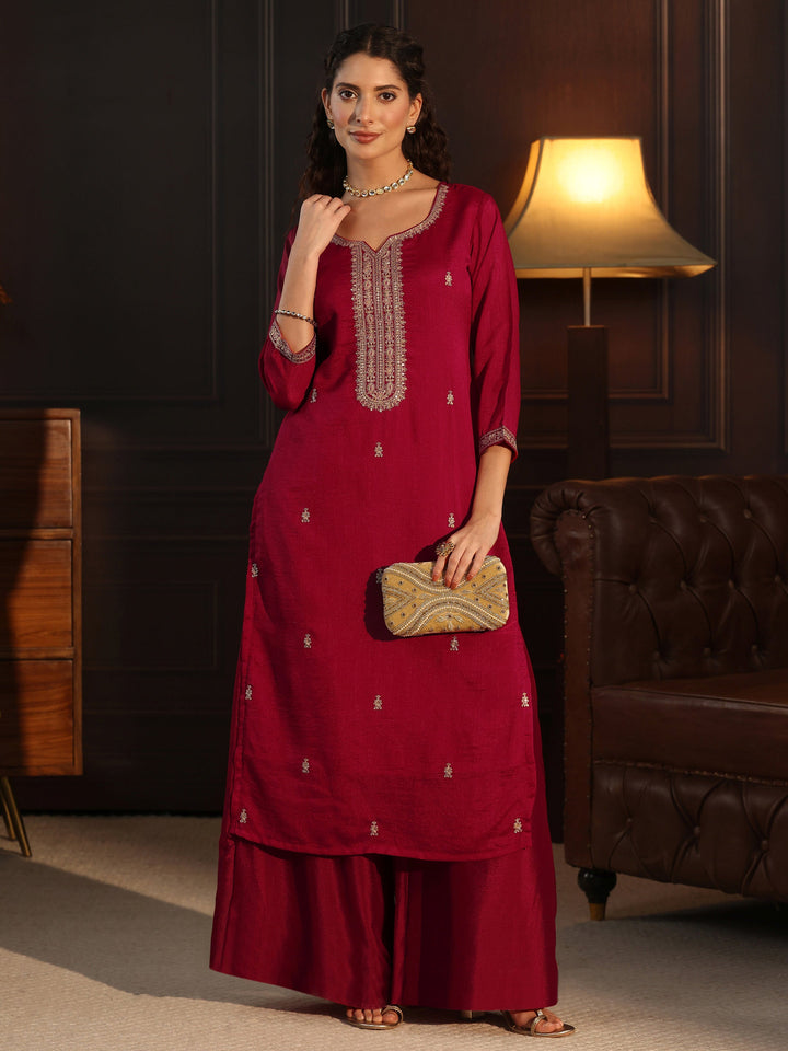 Libas Ruby Red Yoke Embroidered Silk Blend Straight Kurta