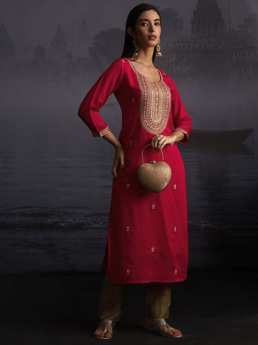 Libas Ruby Red Yoke Embroidered Silk Blend Straight Kurta