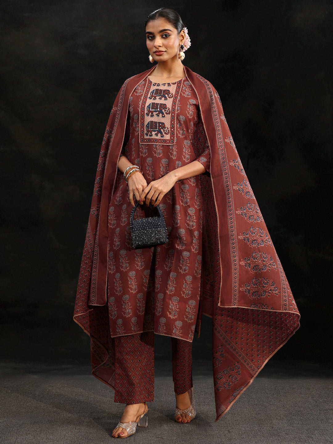 Libas Rust Brown Ajrakh-Inspired Cotton Straight Suit Set