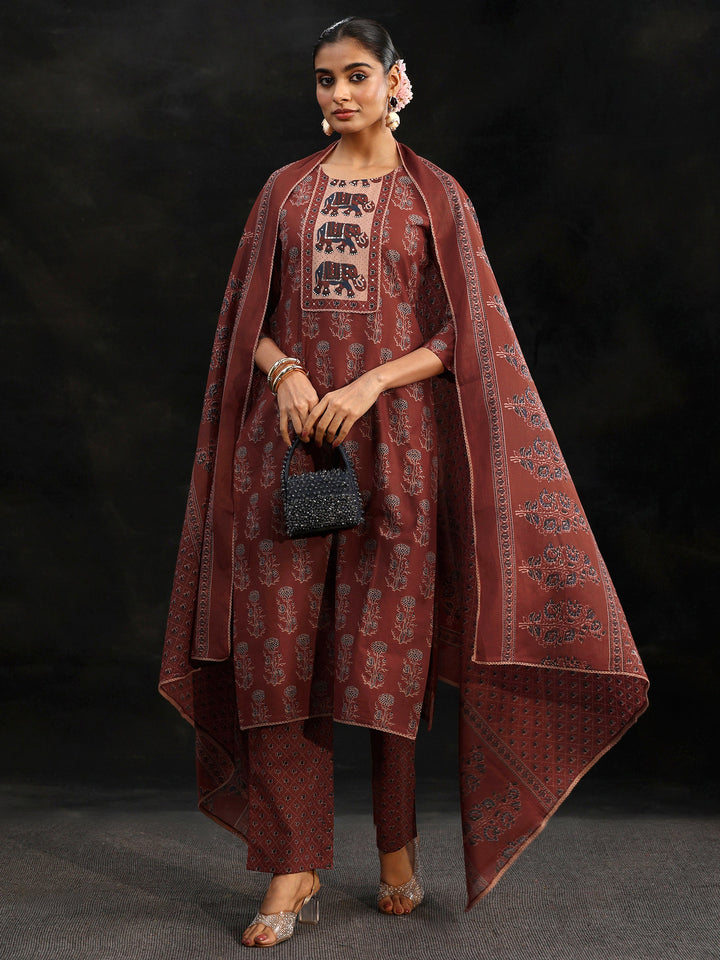 Libas Rust Brown Ajrakh-Inspired Cotton Straight Suit Set