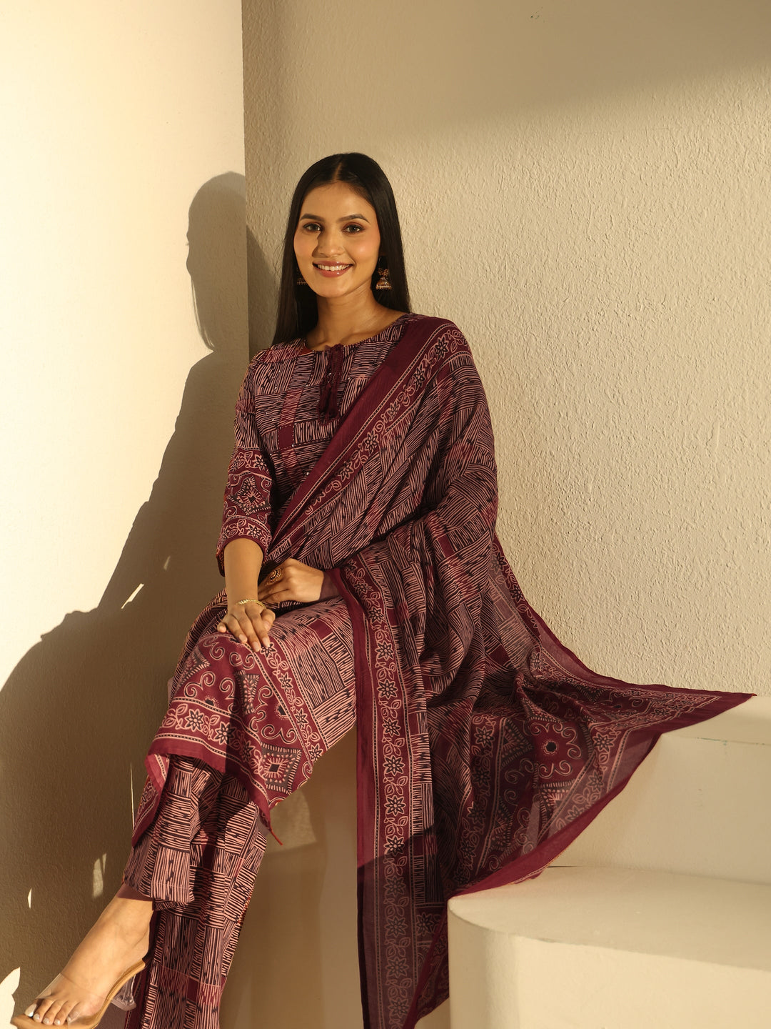 Libas Rust Brown Ajrakh Printed Cotton Straight Suit Set