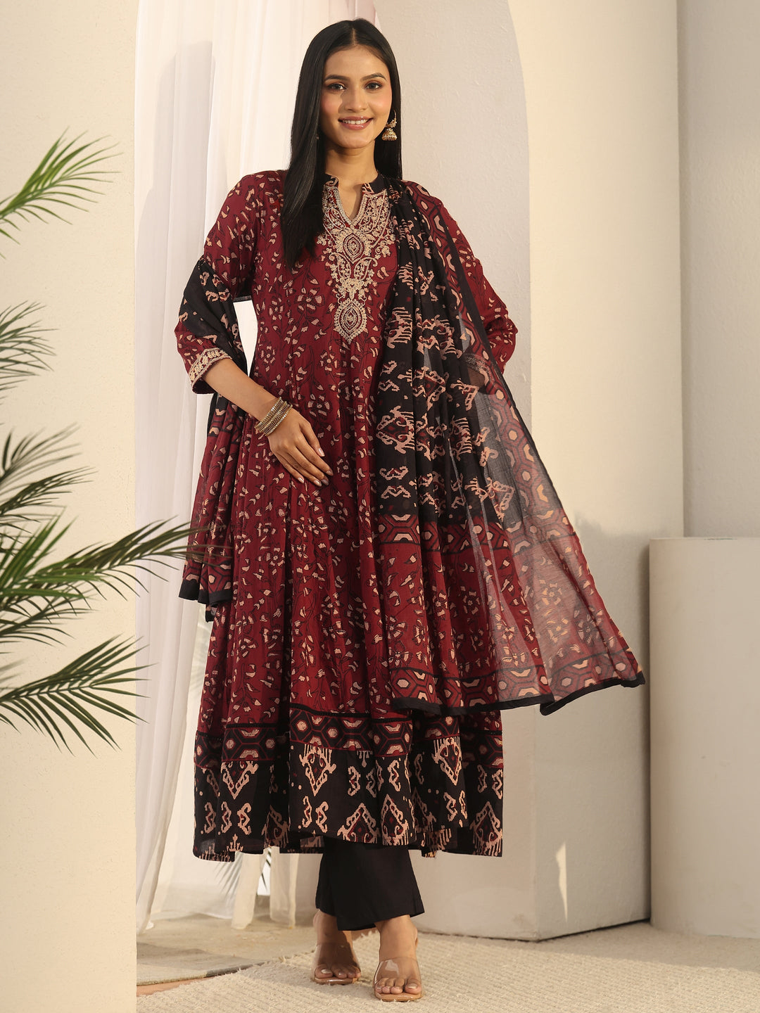 Libas Rust Brown Ajrakh Yoke Embroidered Cotton Anarkali Suit Set