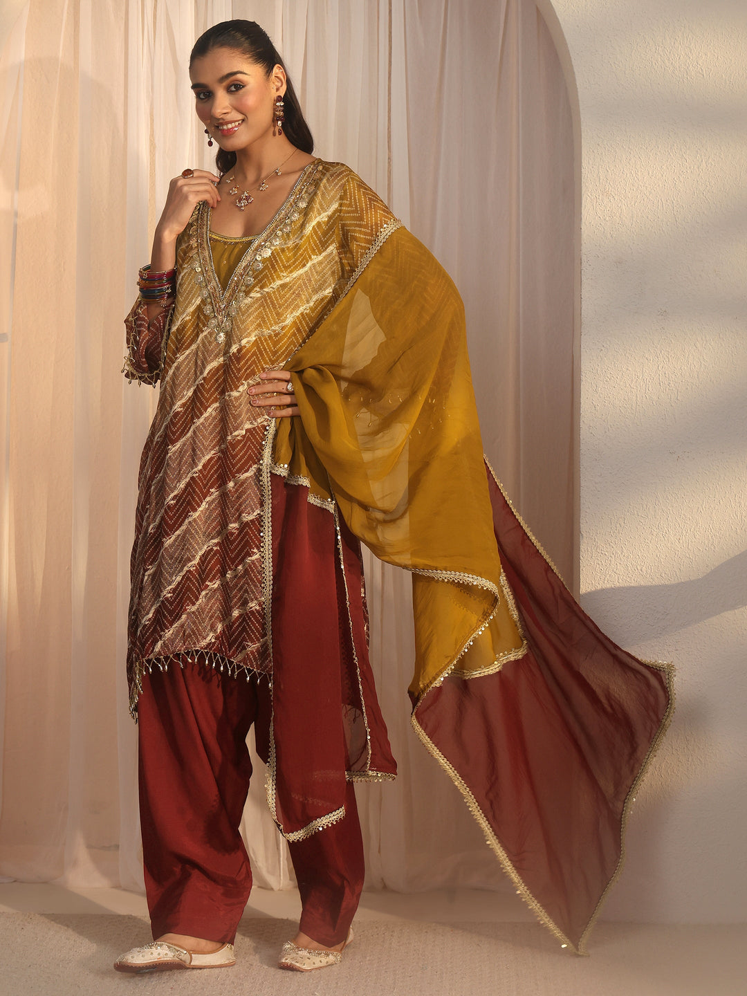 Libas Rust Brown Bandhani Printed Organza Farshi Salwar Suit
