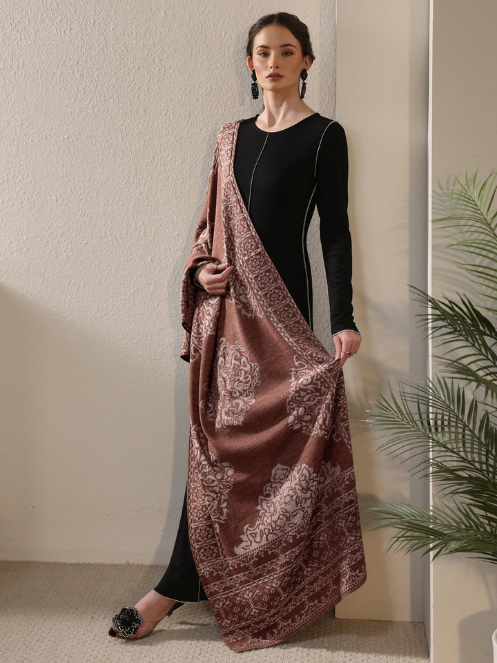 Libas Rust Brown Ethnic Embroidered Acrylic Wrap Shawl