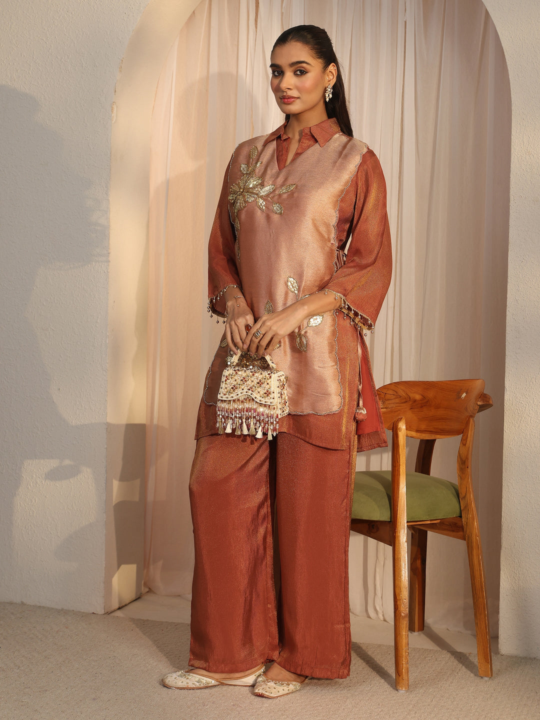 Libas Rust Brown Floral Embellished Tissue Bib Style Co-Ord Set