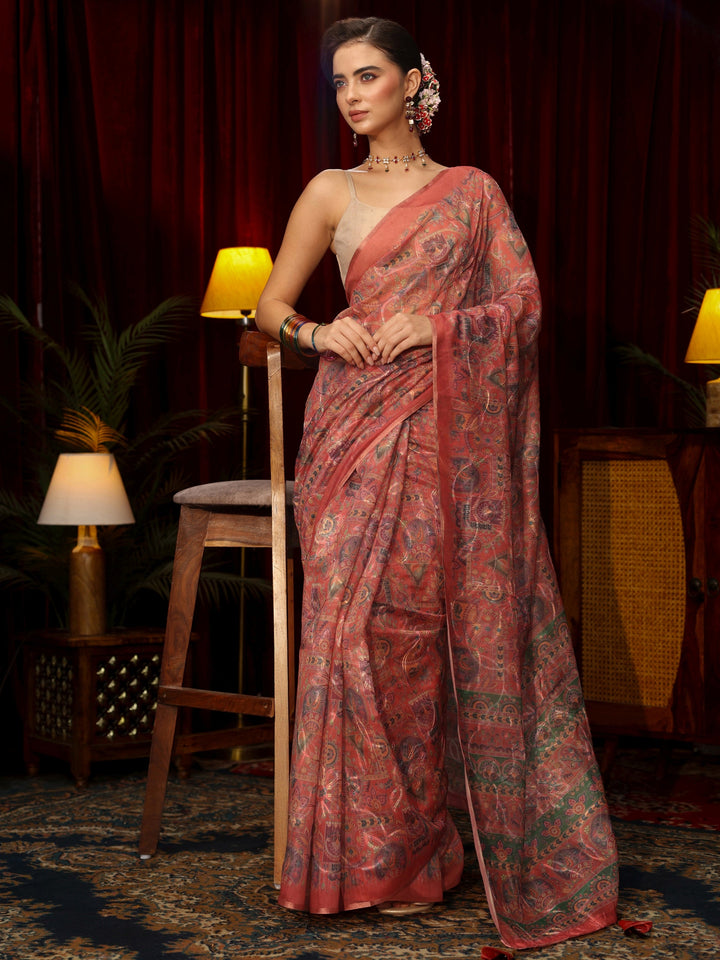 Libas Rust Brown Floral Embroidered Silk Blend Saree