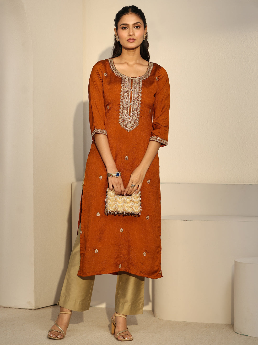 Libas Rust Brown Floral Embroidered Silk Blend Straight Kurta