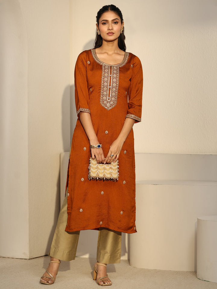 Libas Rust Brown Floral Embroidered Silk Blend Straight Kurta
