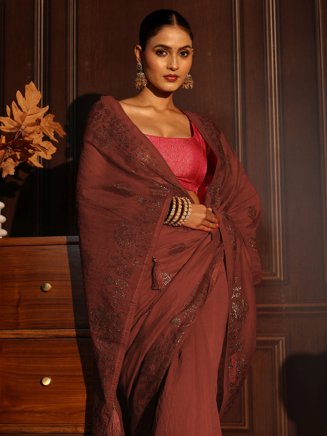 Libas Rust Brown Floral Stone Work Embellished Cotton Blend Saree