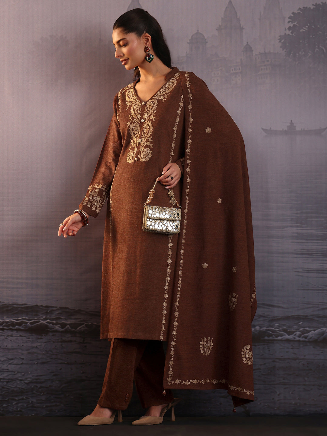 Libas Rust Brown Kashmiri Style Embroidered Woolen Straight Suit Set