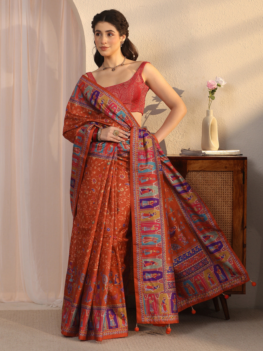 Libas Rust Brown Mughal Print Pallu Silk Blend Saree