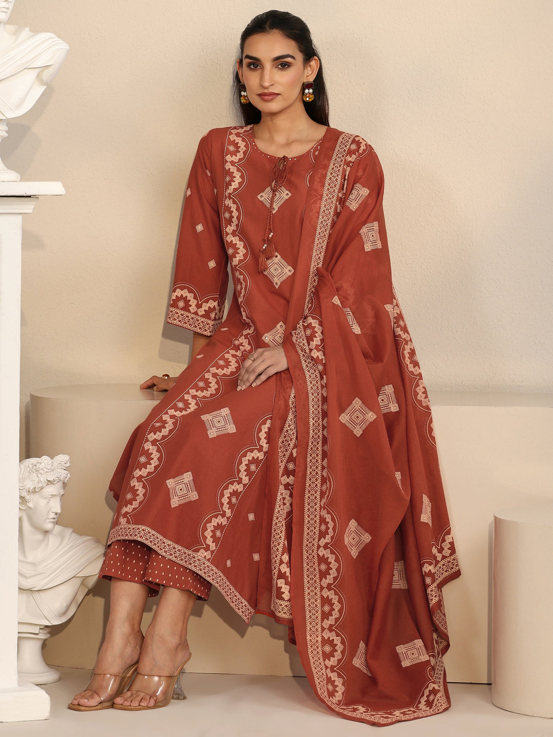 Libas Rust Brown Printed Cotton A-line Suit Set