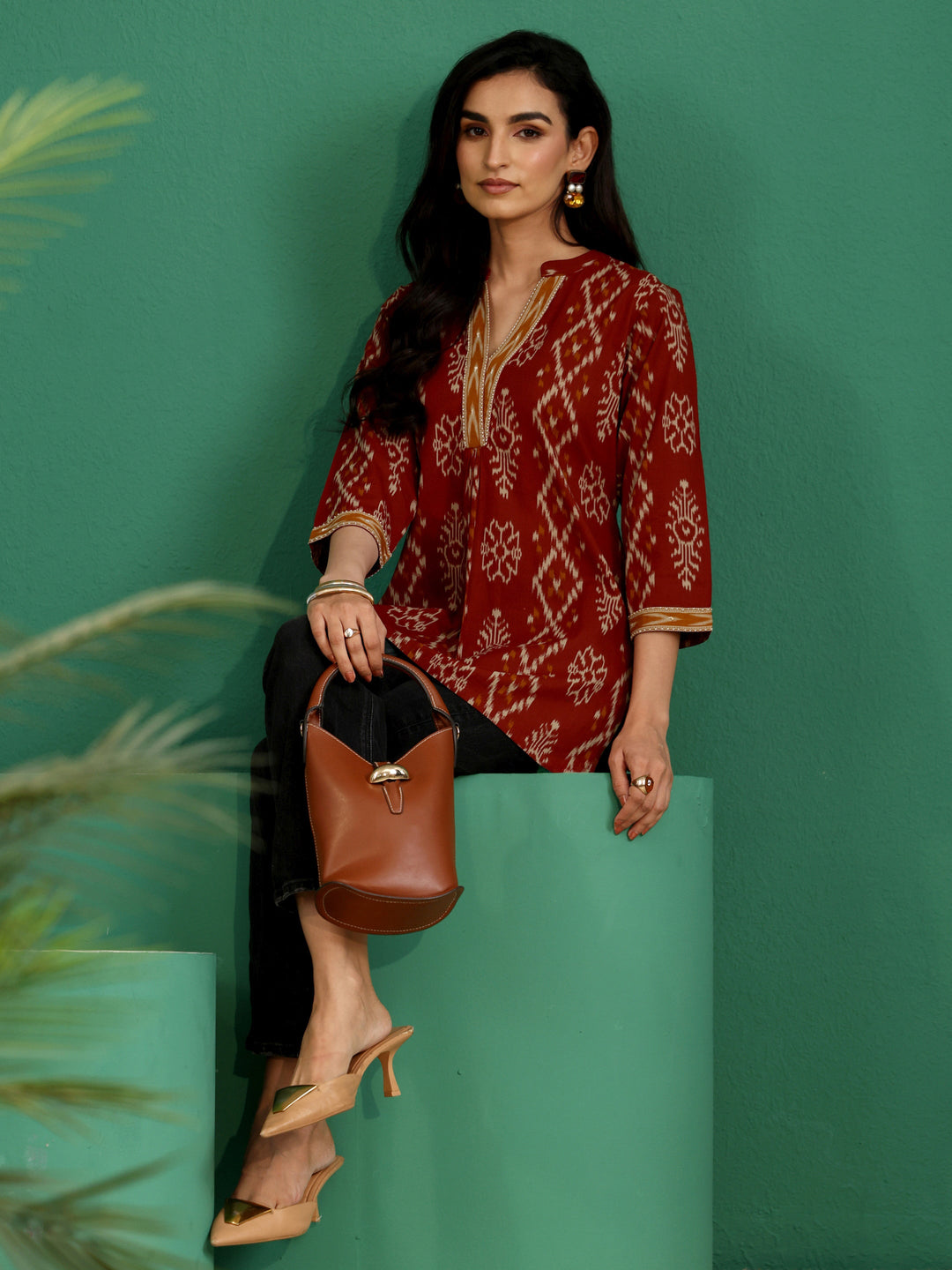 Libas Rust Brown Printed Cotton Short Kurti