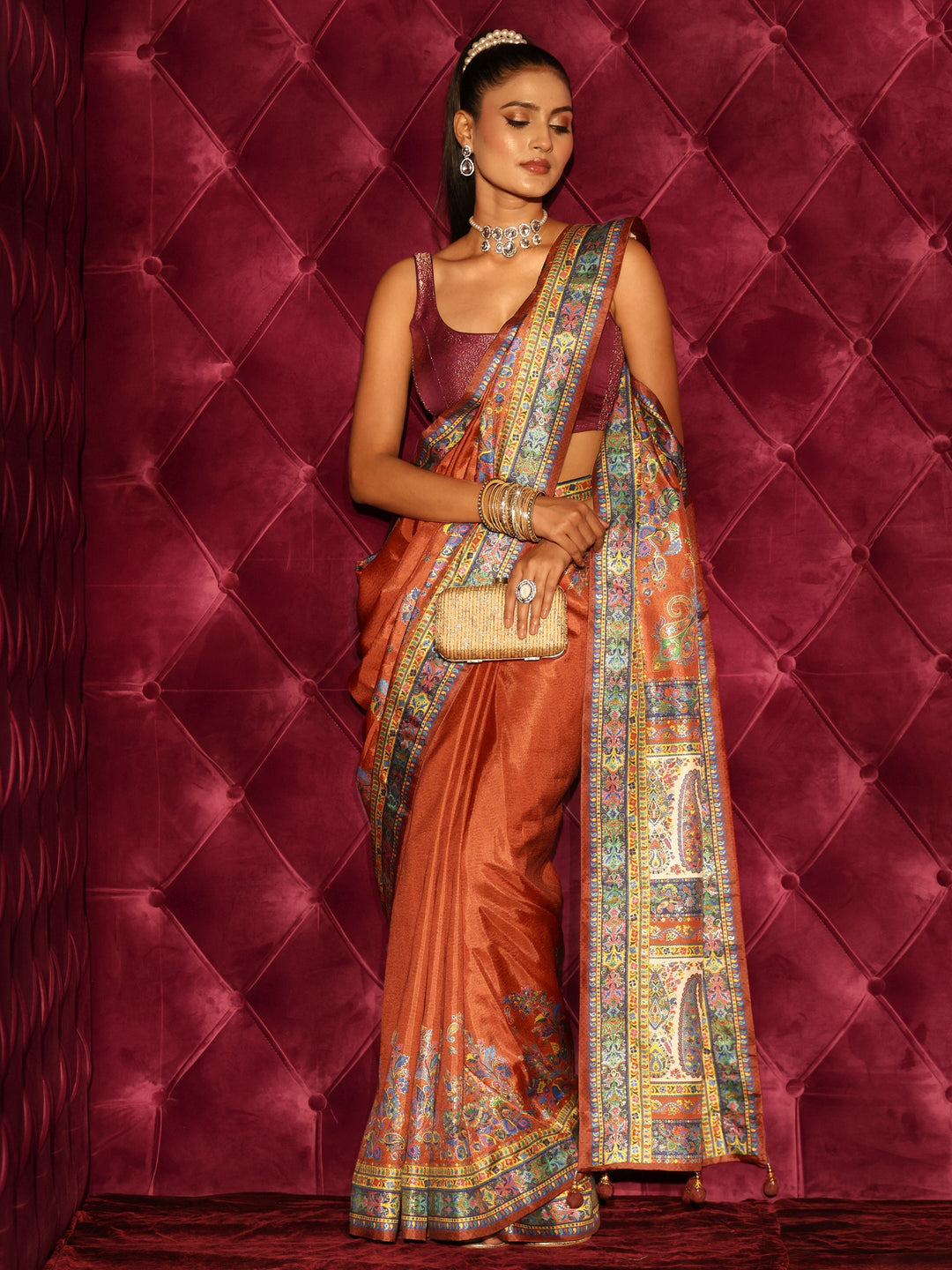 Libas Rust Brown Printed Silk Blend Saree With Paisley Border