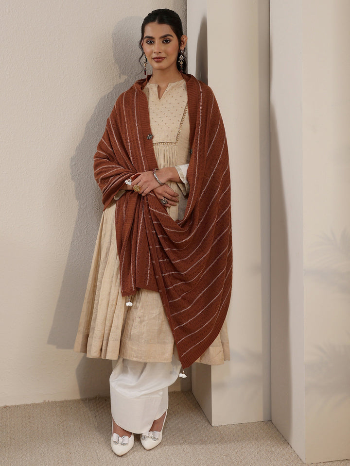Libas Rust Brown Striped Embroidered Acrylic Wrap Shawl
