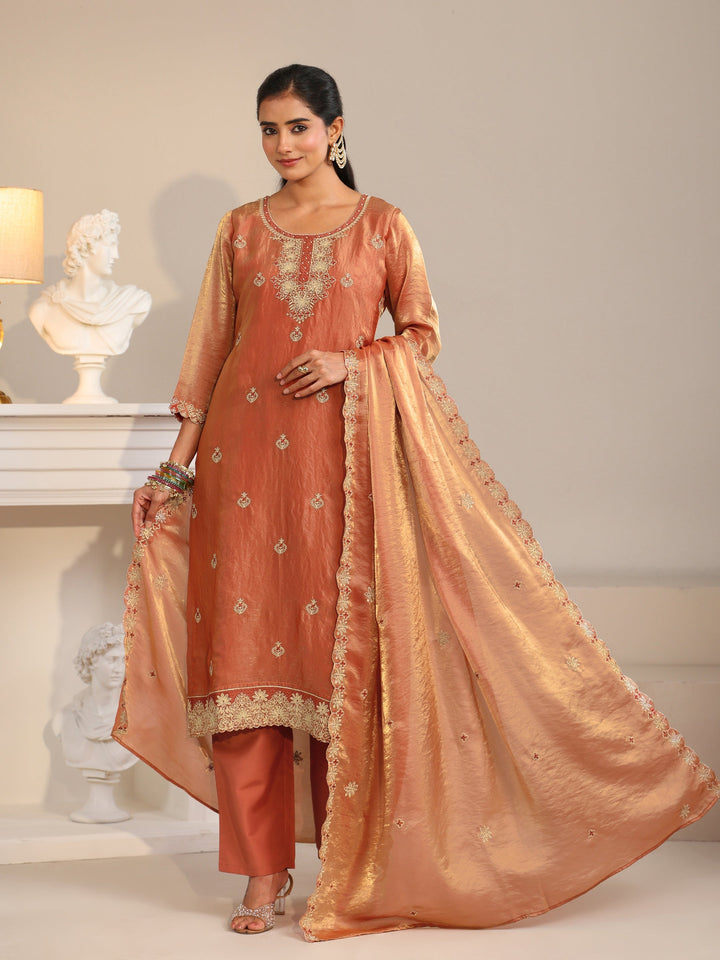 Libas Rust Embroidered Organza Straight Suit Set