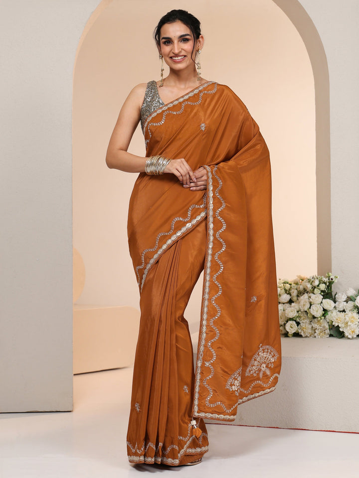 Libas Rust Embroidered Silk Blend Saree