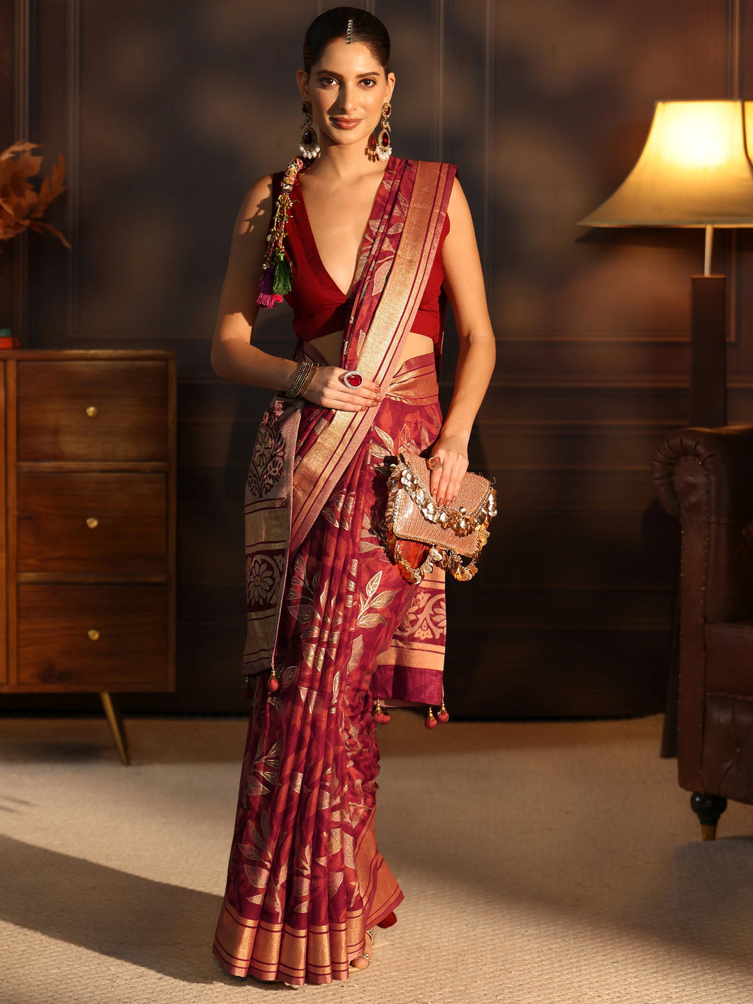 Libas Rust Floral Foil Printed Silk Blend Saree