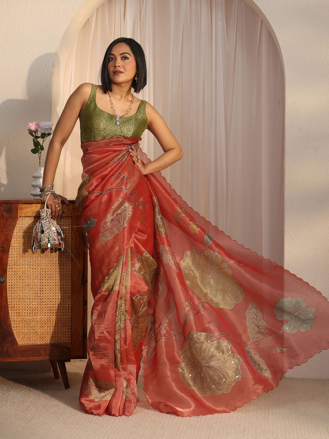 Libas Rust Floral Printed Mirror Work Silk Blend Saree with Scalloped Border