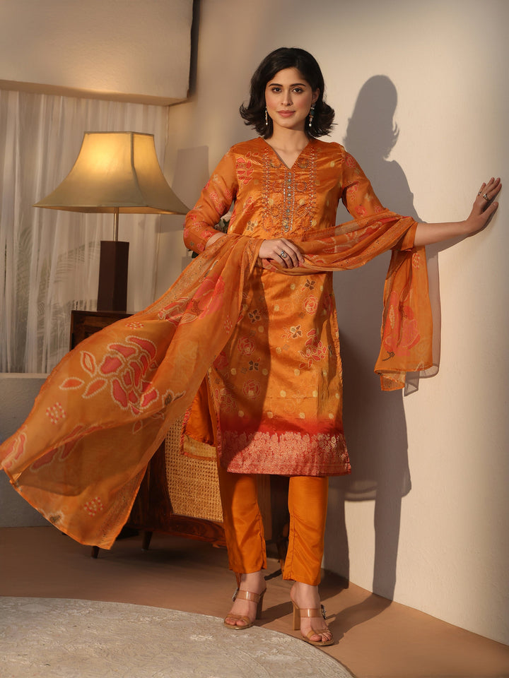 Libas Rust Orange Bandhani Printed Organza Straight Suit Set