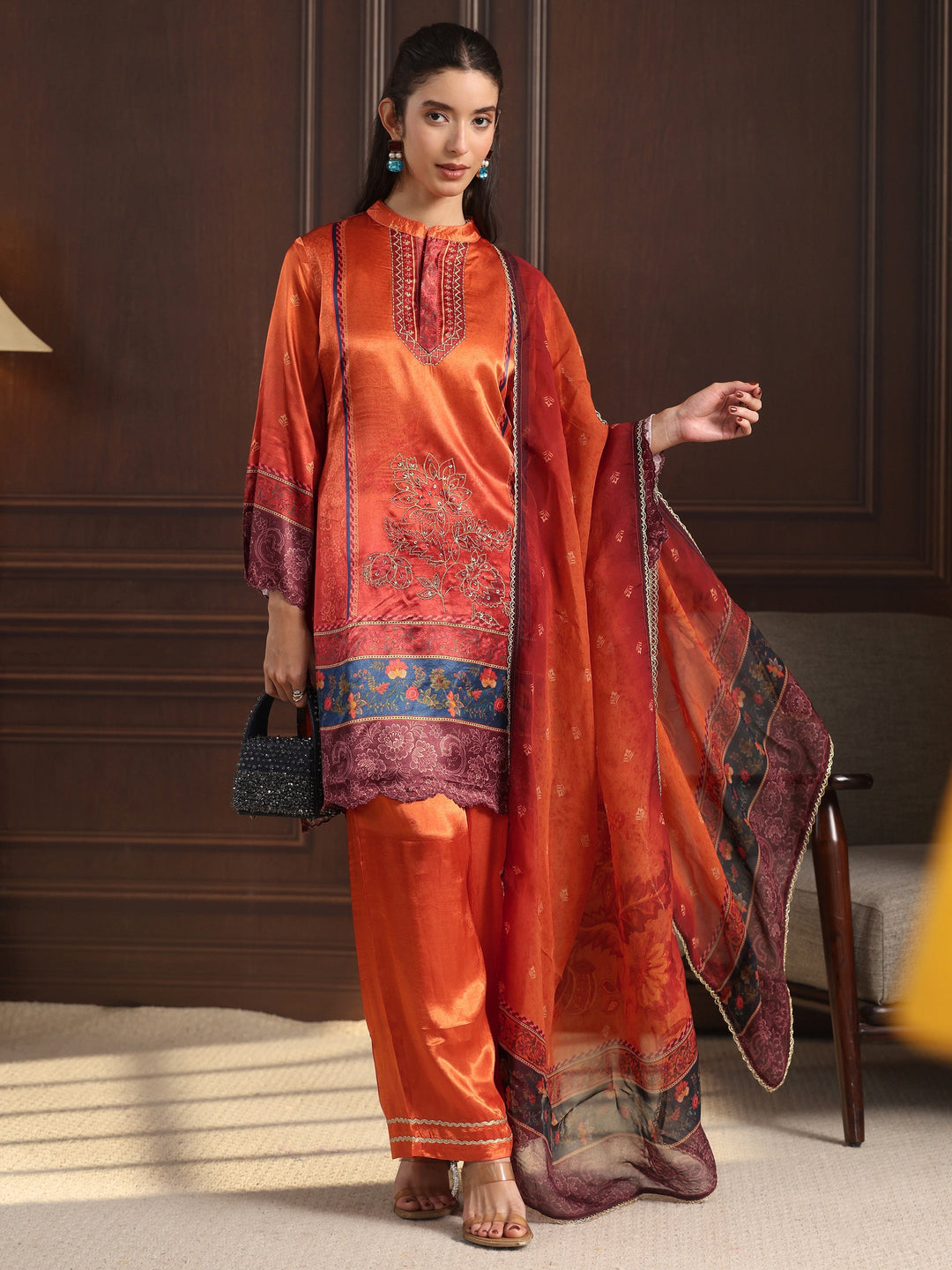 Libas Rust Orange Printed Silk Blend Straight Suit Set
