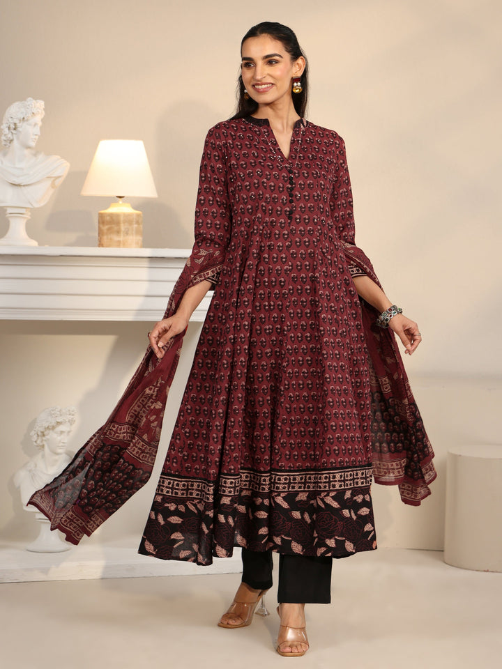 Libas Rust Red Ajrakh Printed Cotton Anarkali Suit Set