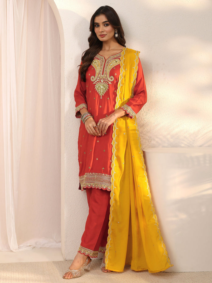 Libas Rust Red Floral Embellished Silk Blend Straight Suit Set