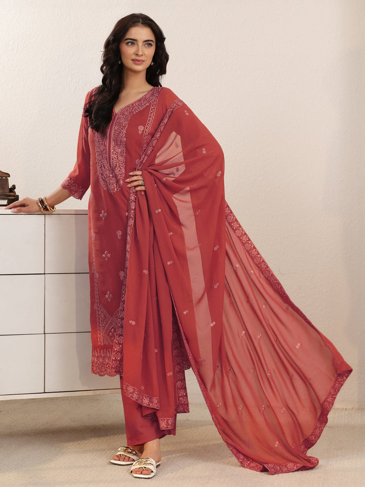Libas Rust Red Floral Embroidered Georgette Straight Suit Set