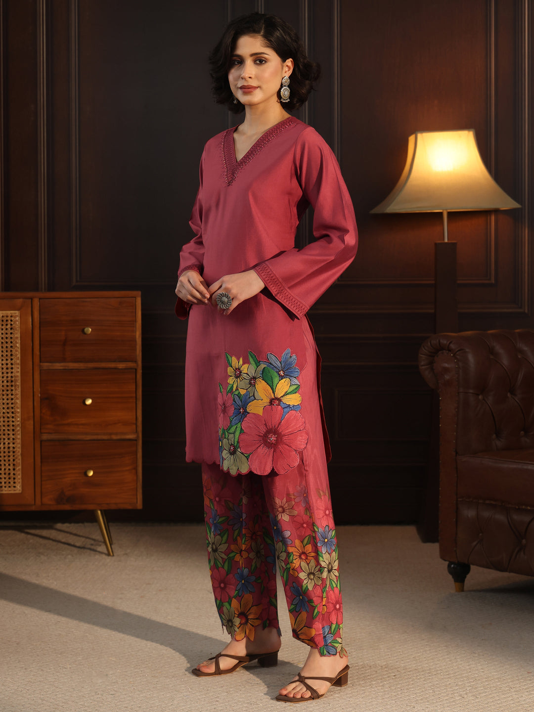 Libas Rust Red Floral Embroidered Silk Blend Co-Ord Set
