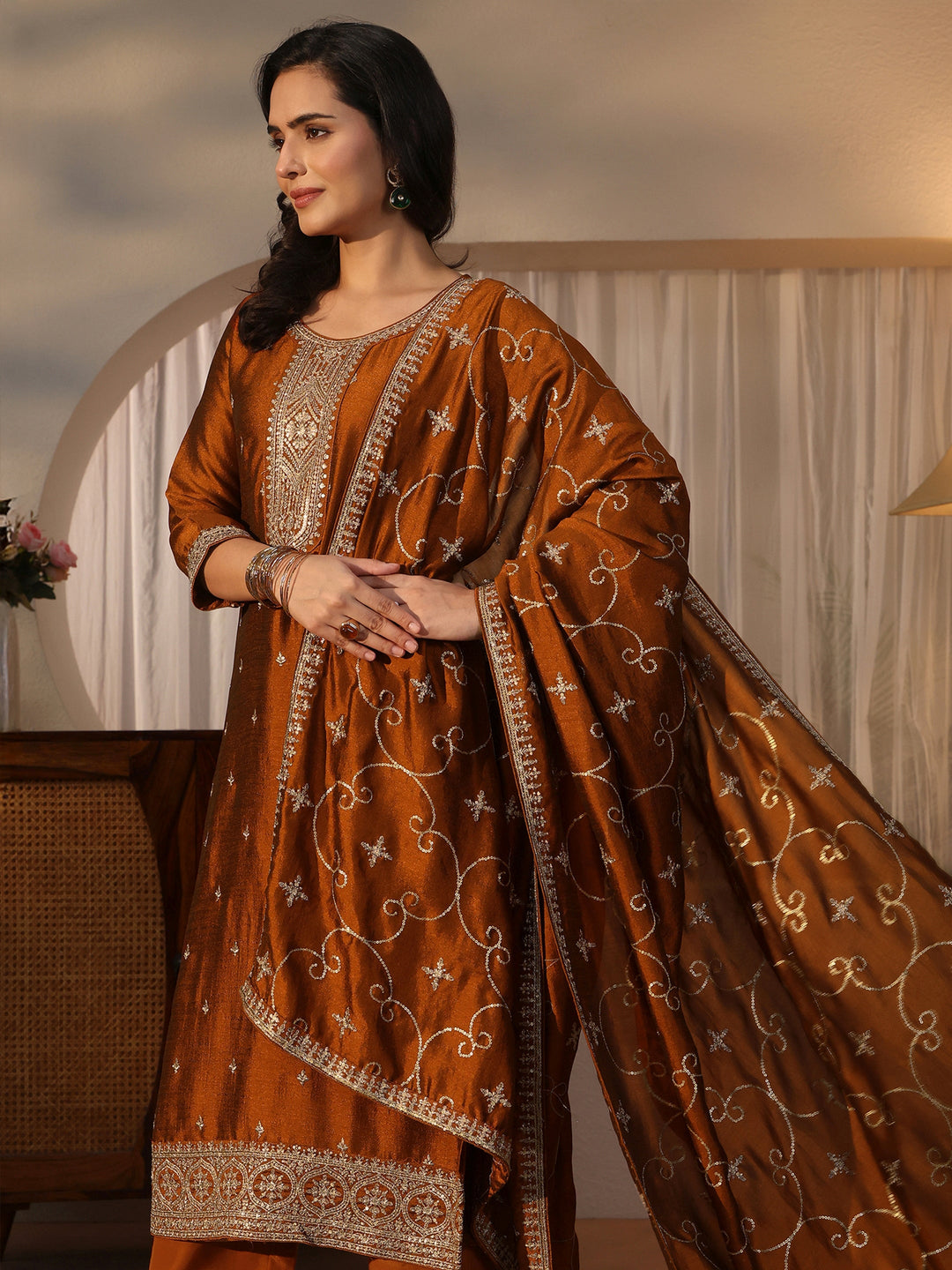 Libas Rust Yoke Design Embroidered Silk Blend Straight Suit Set