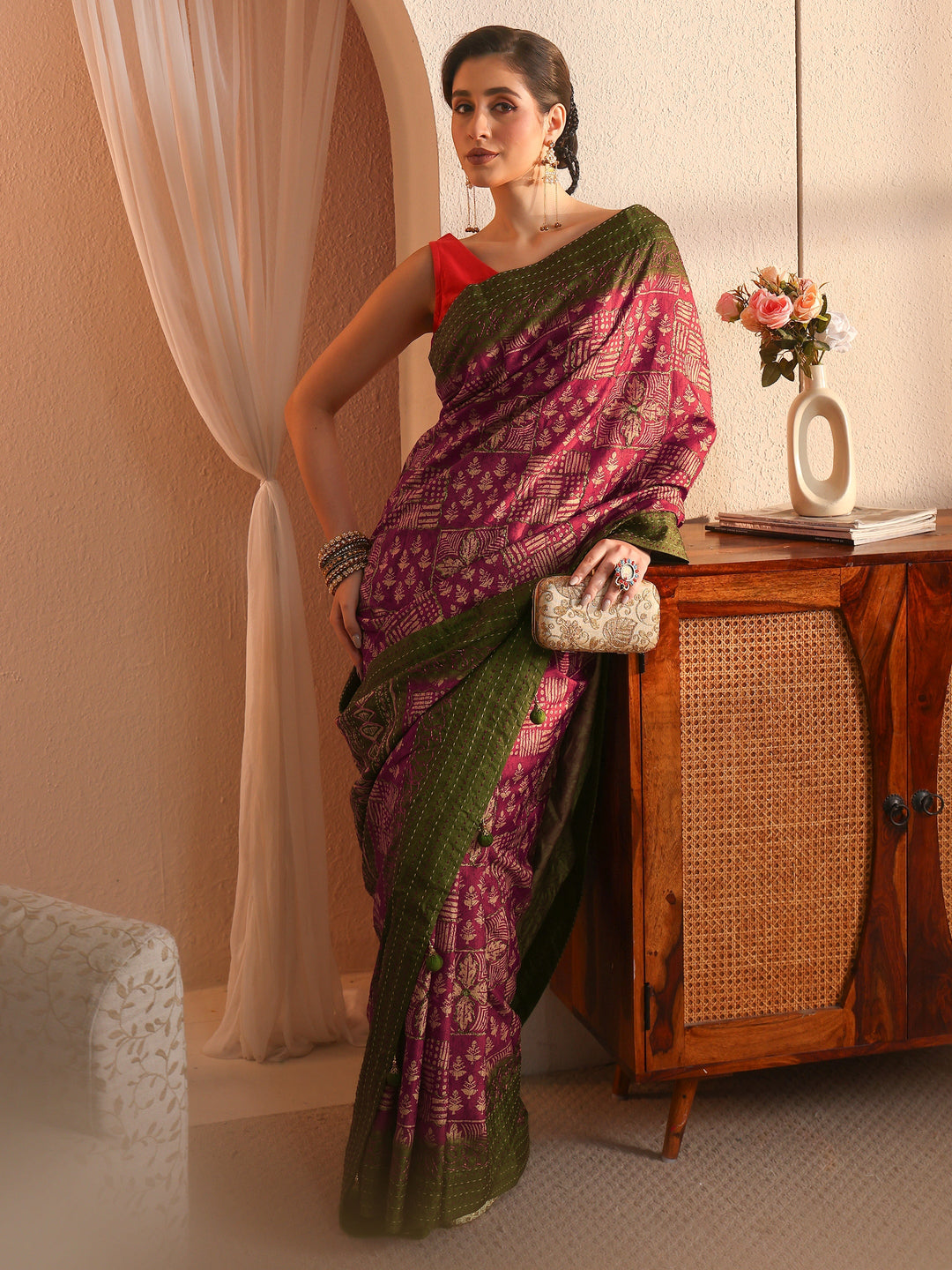 Libas Rust and Green Multi Ethnic Printed Silk Blend Saree