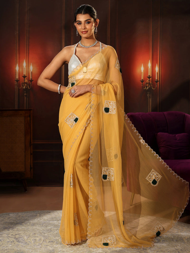 Libas Saffron Yellow Chiffon Saree with Embroidered  Motifs