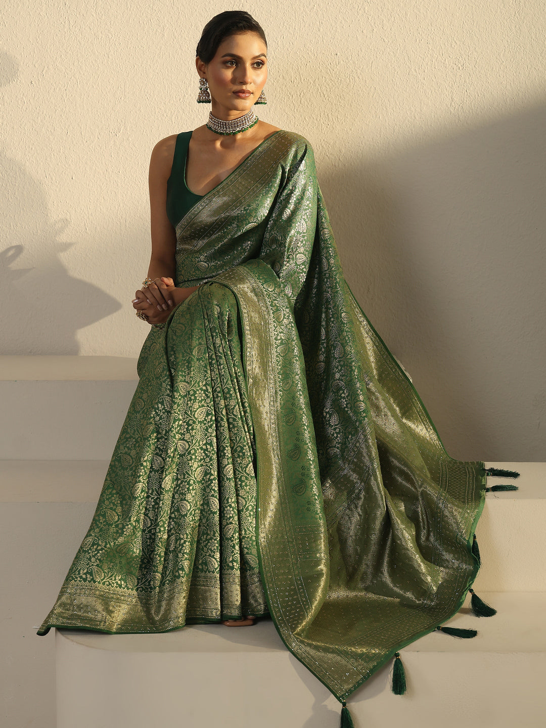 Libas Sage Green Banarasi Silk Blend Tassel Saree