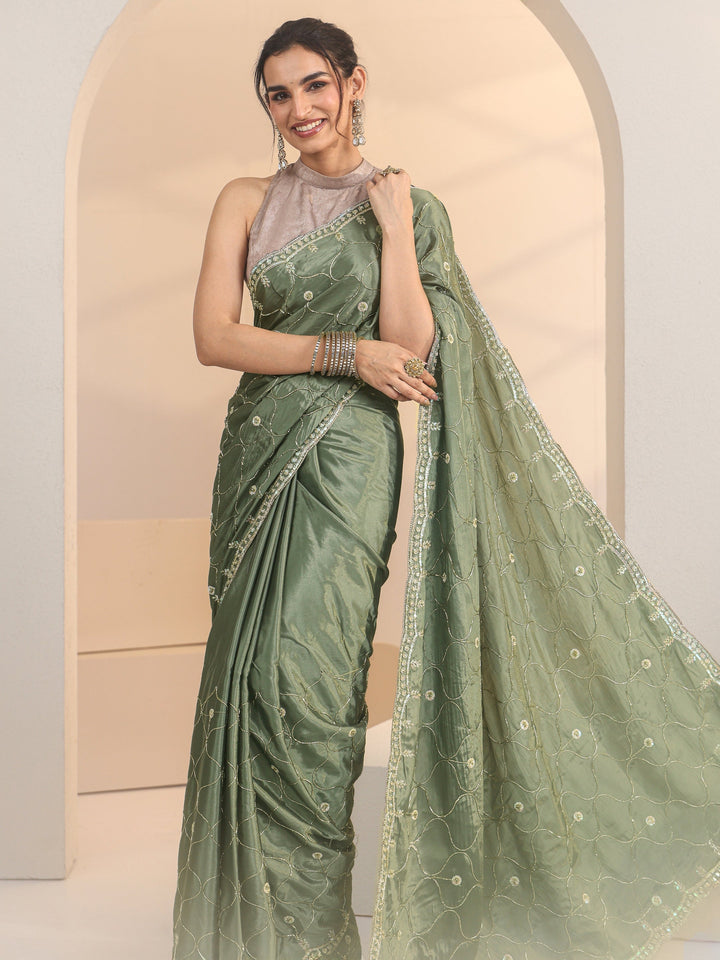 Libas Sage Green Floral Embellished Silk Blend Saree