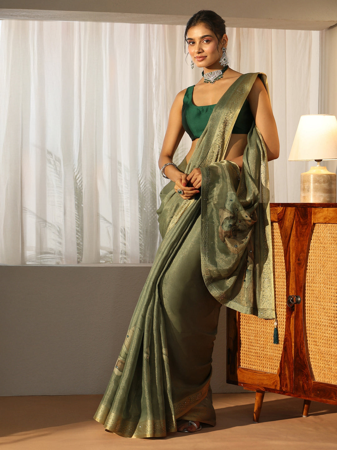 Libas Sage Green Floral Printed Silk Blend Saree with Woven Border