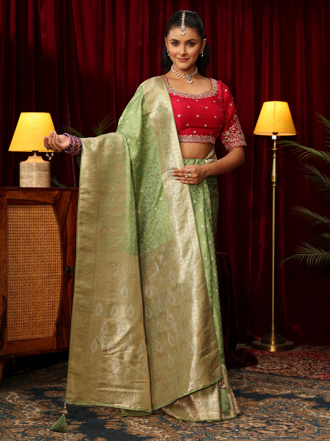 Libas Sage Green Woven Design Satin Saree with Stone Work