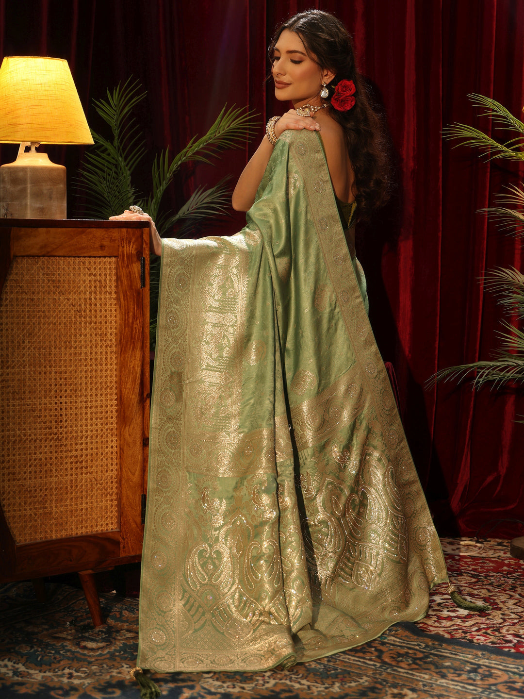 Libas Sage Green Woven Design Silk Blend Saree