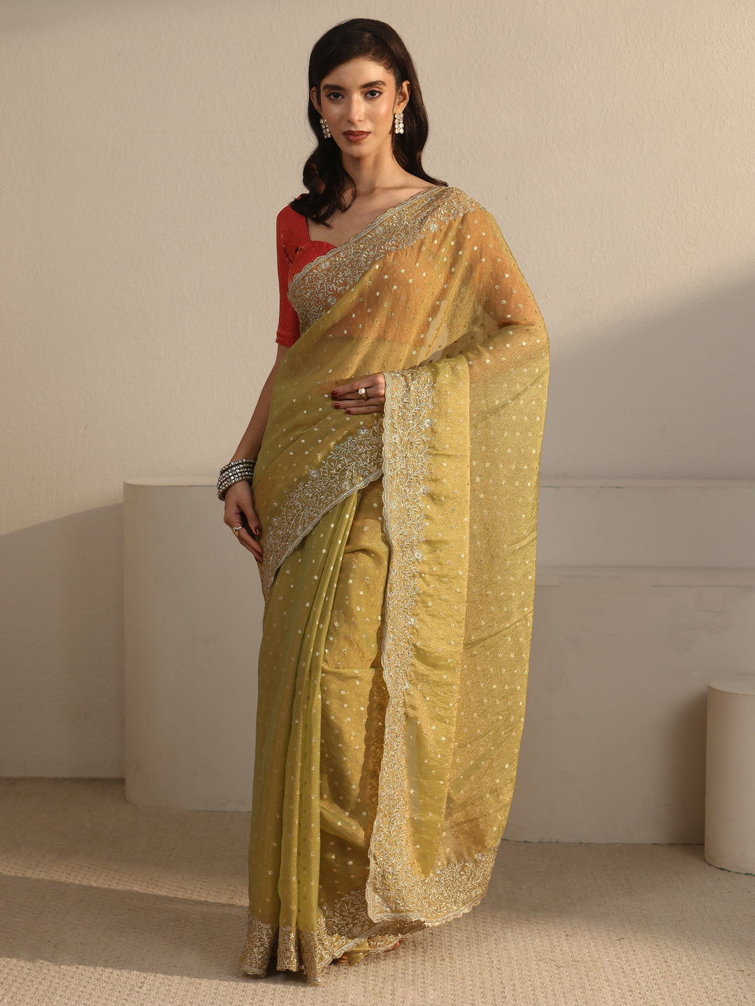 Libas Sage Green Woven Design Tissue Saree with Floral Border