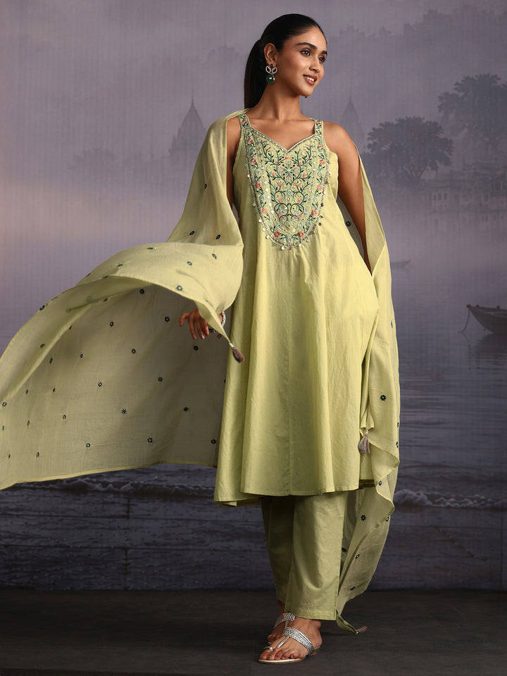 Libas Sage Green Yoke Design Strappy Cotton A-Line Suit Set