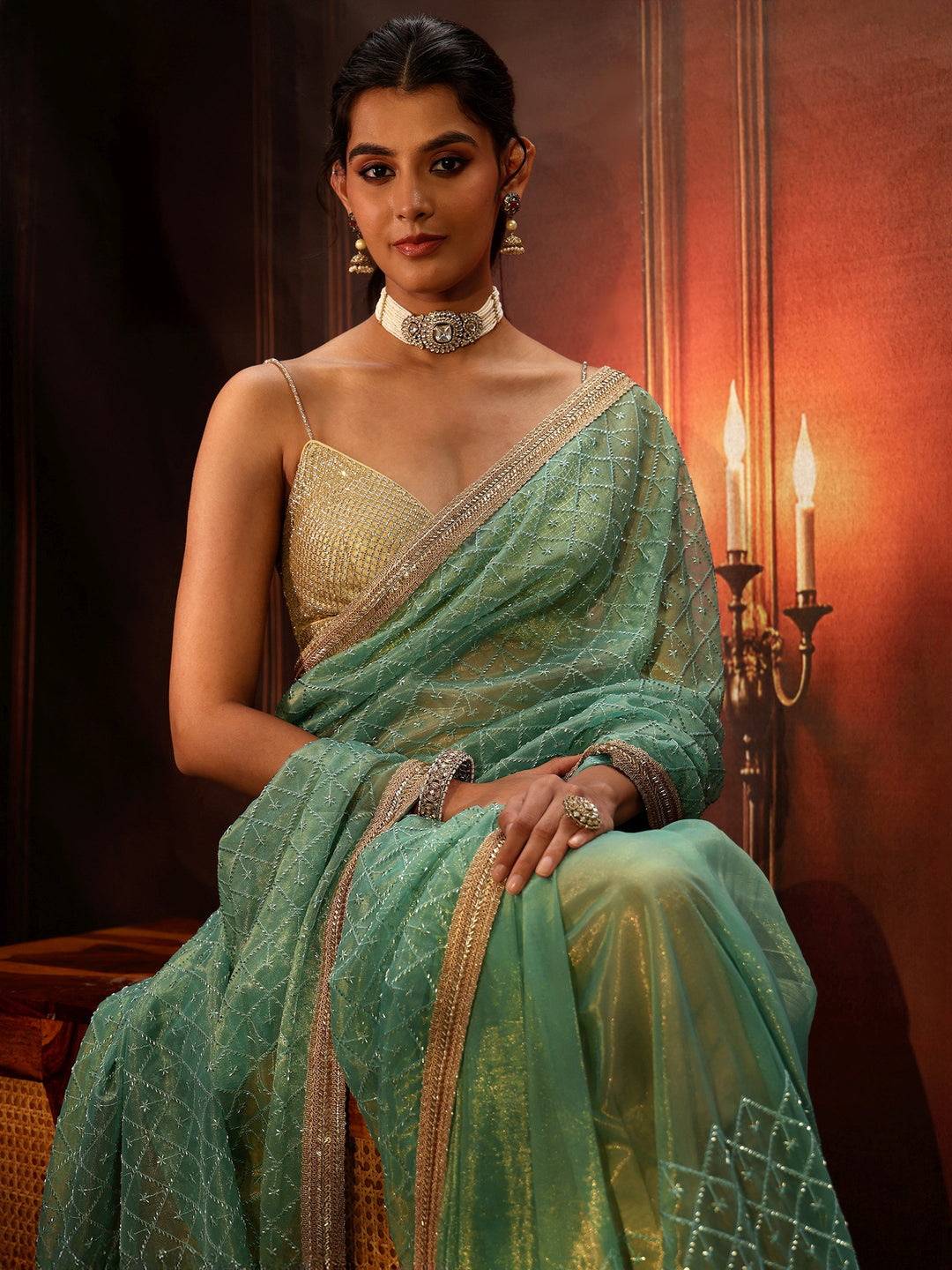 Libas Sea Blue Embellished Jaal Work Net Saree