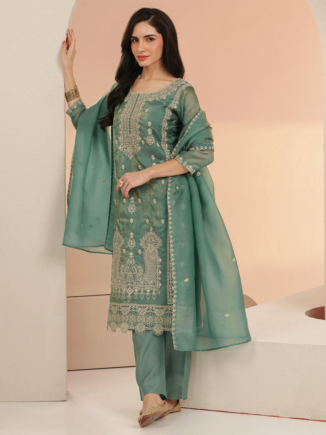 Libas Sea Blue Embroidered Tissue Straight Suit Set