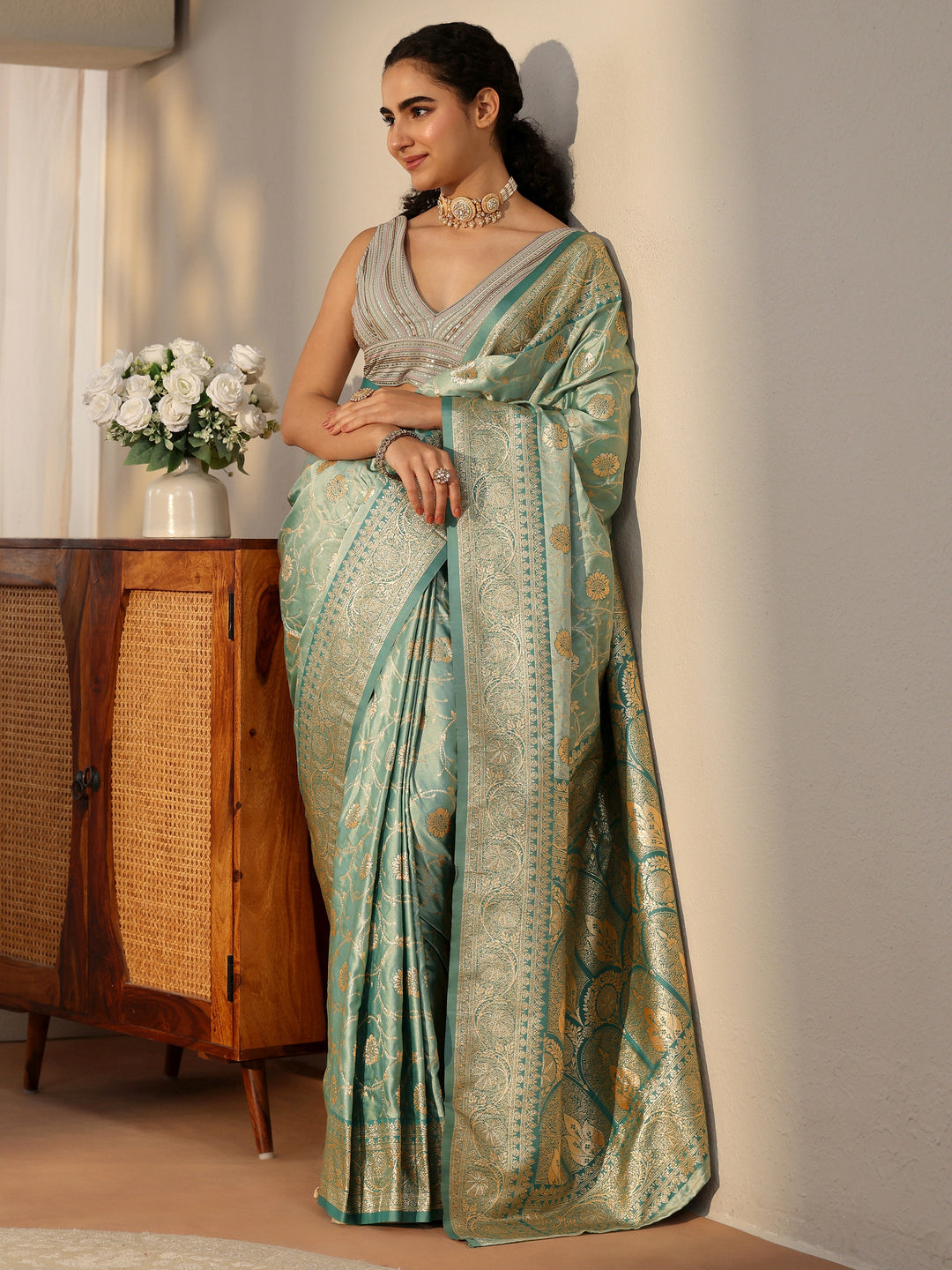 Libas Sea Green Banarasi Satin Saree
