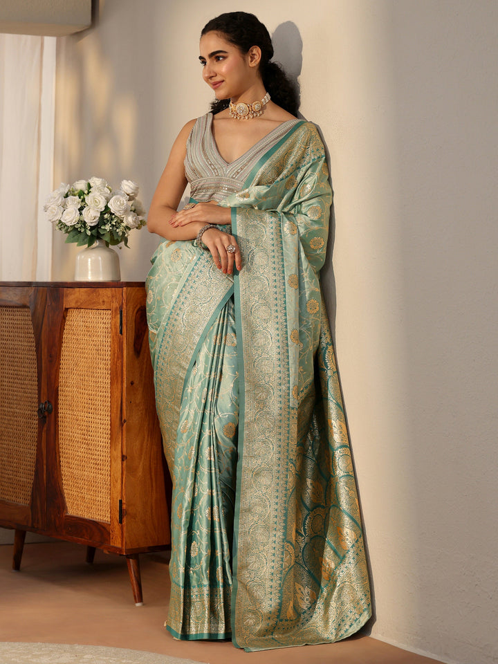 Libas Sea Green Banarasi Satin Saree